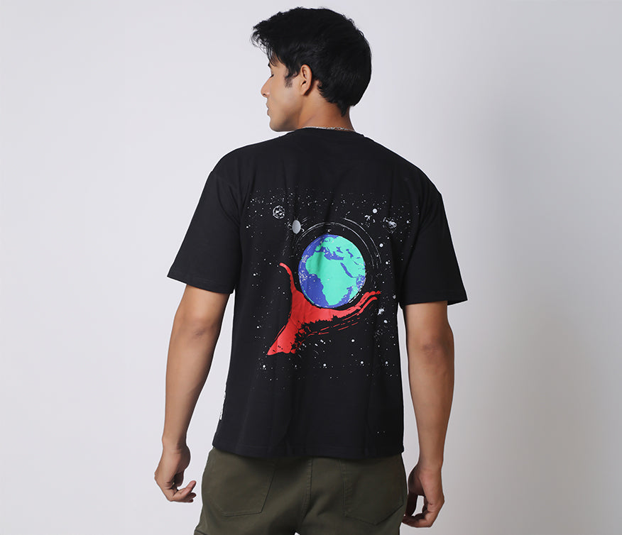Globe Print Black Oversized T-shirt - AUMM #