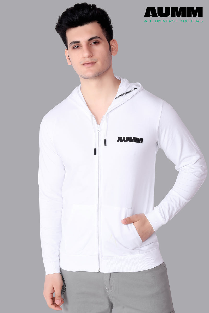 White Cotton Slim Fit Zipper Jacket - AUMM #