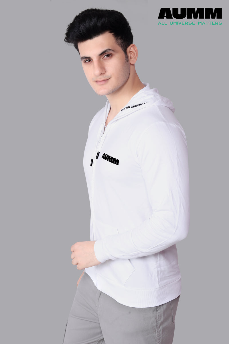 White Cotton Slim Fit Zipper Jacket - AUMM #
