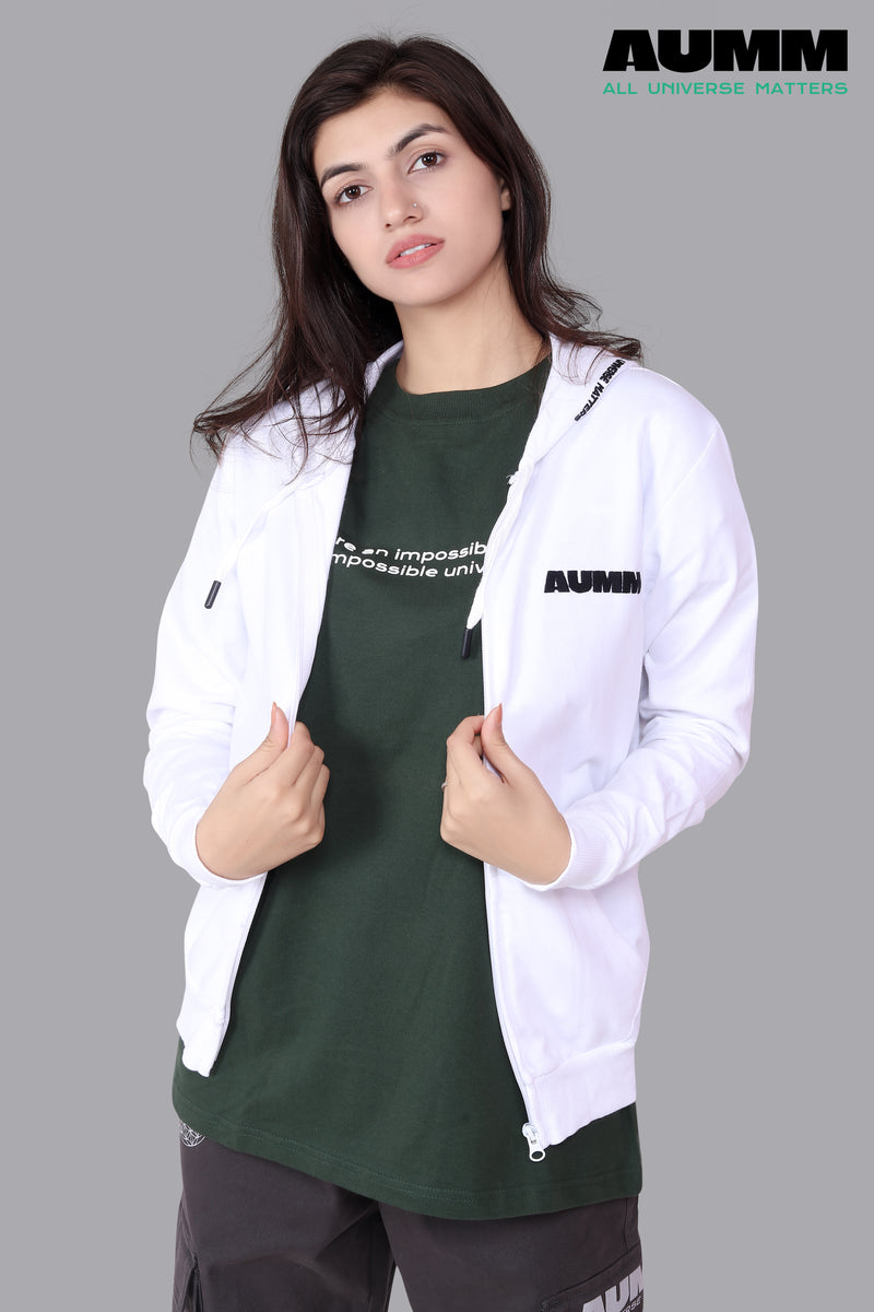 White Cotton Slim Fit Zipper Jacket - AUMM #