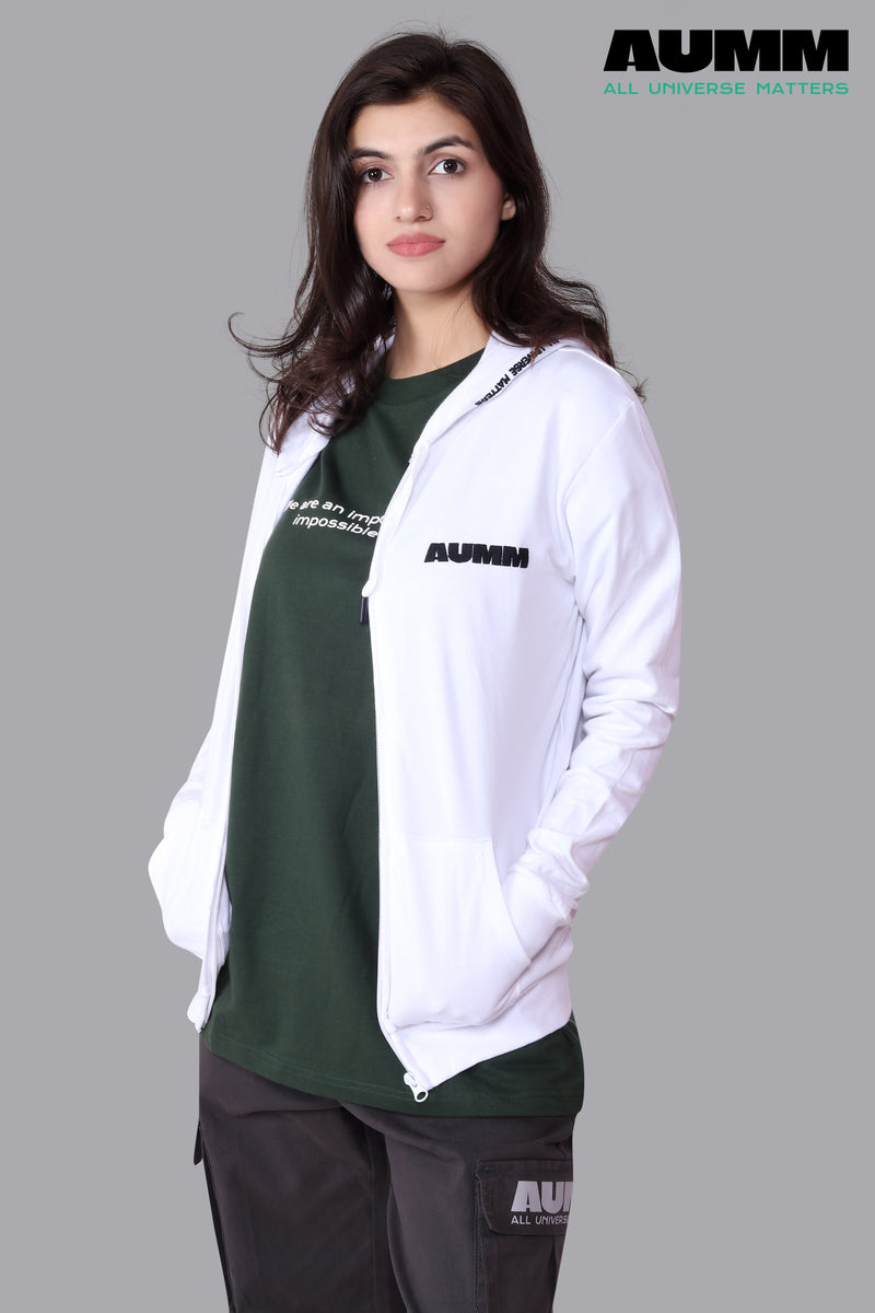 White Cotton Slim Fit Zipper Jacket - AUMM #