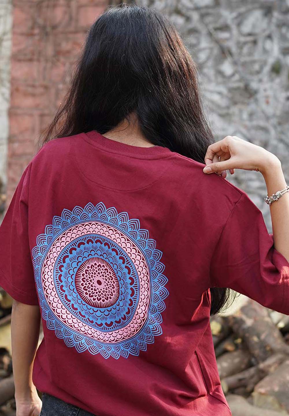 Maroon Mandala Printed 100% Soft Premium Best Quality Oversized Relaxed Fit T-Shirt