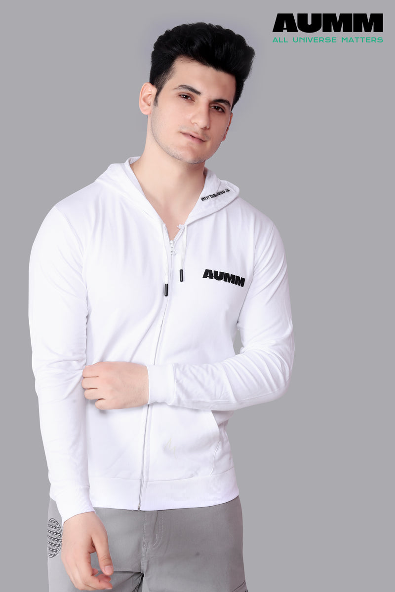 White Cotton Slim Fit Zipper Jacket - AUMM #