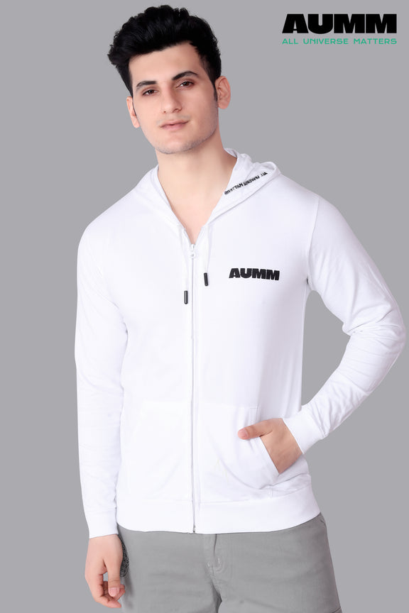 White Cotton Slim Fit Zipper Jacket - AUMM #